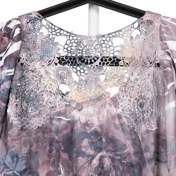 Simply Irresistible Blouse L Womens Top Lace Detail Back Gray Floral Flutter - Picture 5 of 6